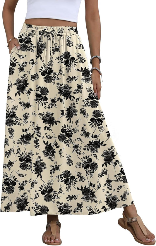 Women'S Maxi Skirt Summer 2025 Pleated Flowy Elastic High Waisted Skirts with Pockets