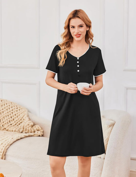 Sleep Shirts for Women Nightgown Short Sleeve Night Shirts V Neck Casual Print Sleepwear Dress S-2XL