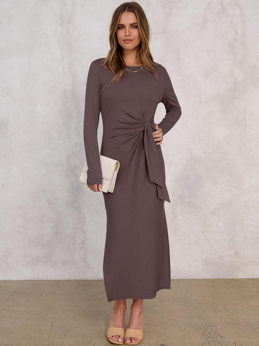 Womens 2025 Fall Long Sleeve Maxi Dress Crewneck Tie Waist Slit Casual Long T Shirt Dresses Winter Trendy Outfits