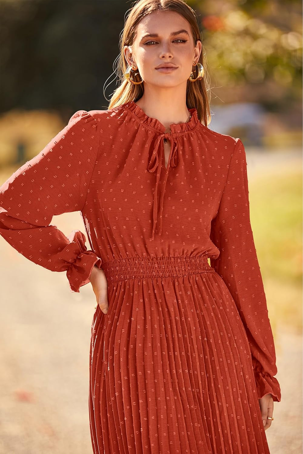 Women'S 2025 Spring Fall Midi Dress Casual Long Sleeve V Neck Swiss Dot Pleated a Line Flowy Dresses