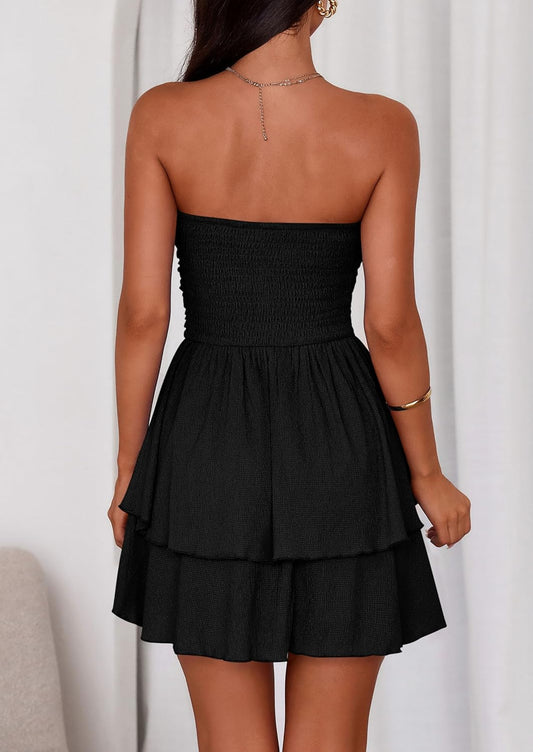 Women'S 2025 Summer Strapless Tube Mini Dress off Shoulder Smocked Ruffle a Line Flowy Short Party Club Dresses