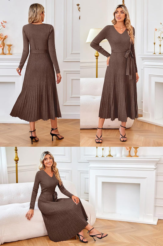 Women'S Wool Blend Tie Waist Pleated Fall Sweater Dress 2025