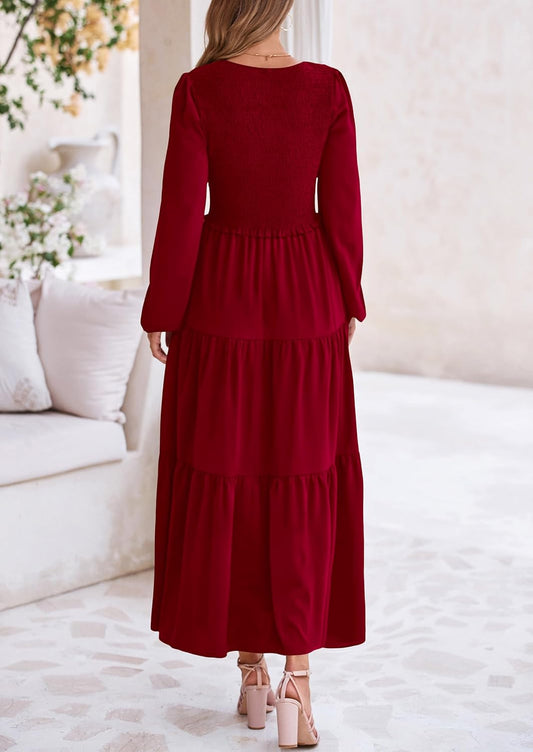 Fall Dresses for Women 2025 Casual Long Sleeve V Neck Smocked a Line Long Flowy Wedding Guest Dress