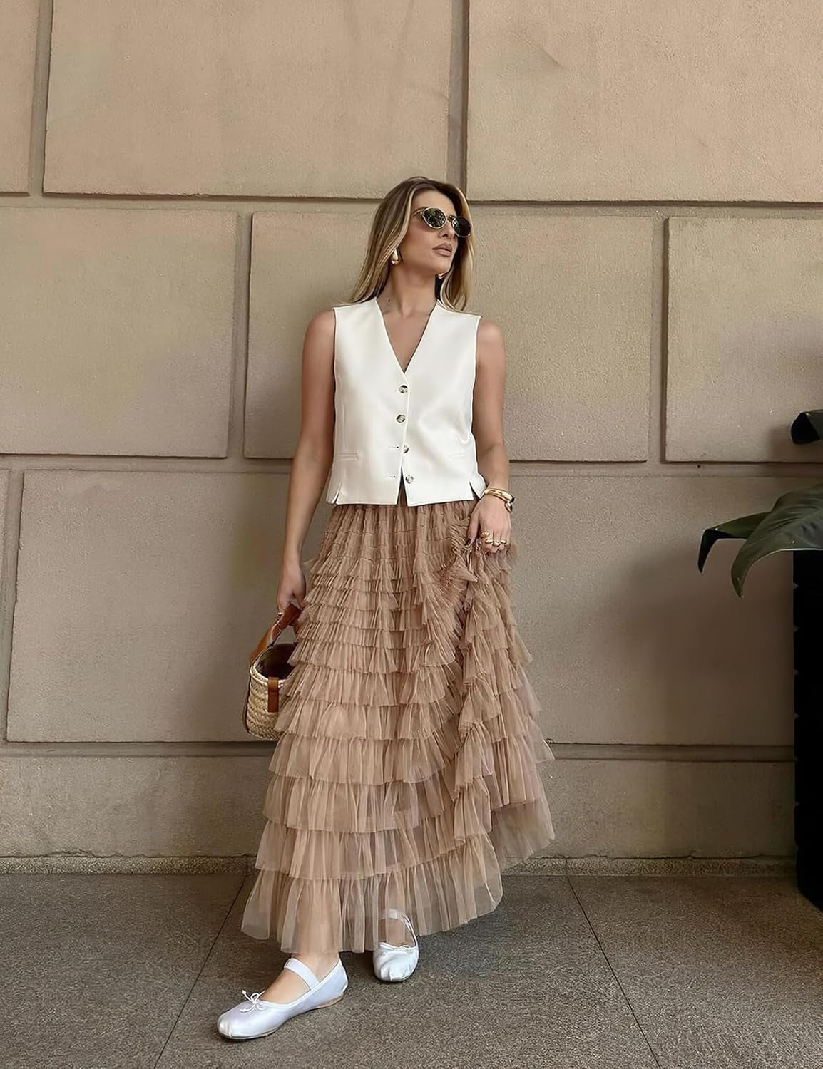 Tulle Maxi Skirts for Women, High Waist A-Line Flowy Elegant Party Wedding Guest Casual Skirt