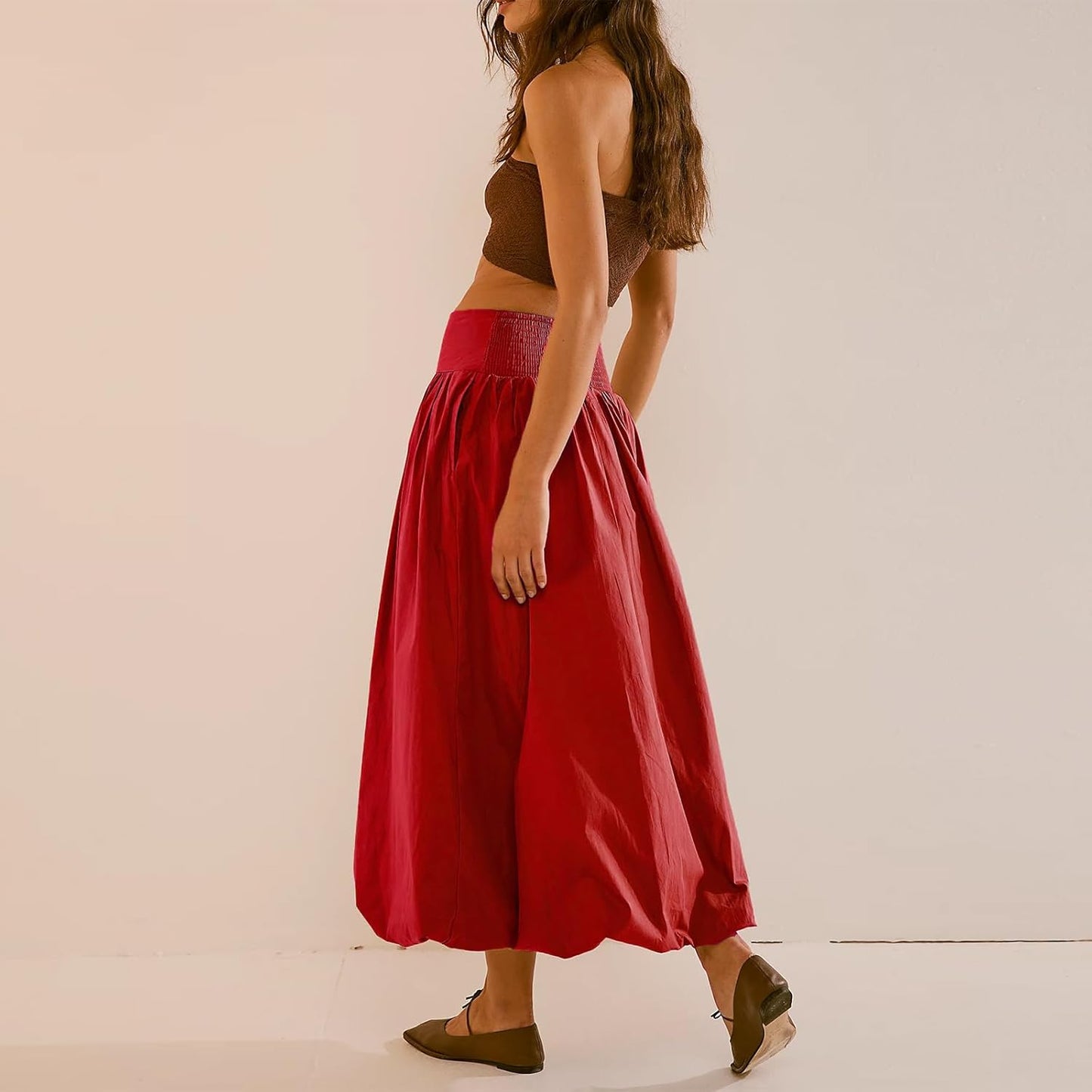 Women Y2K Bubble Maxi Skirt Low Elastic Waist a Line Long Skirt Summer Casual Ruffle Pleated Midi Dress