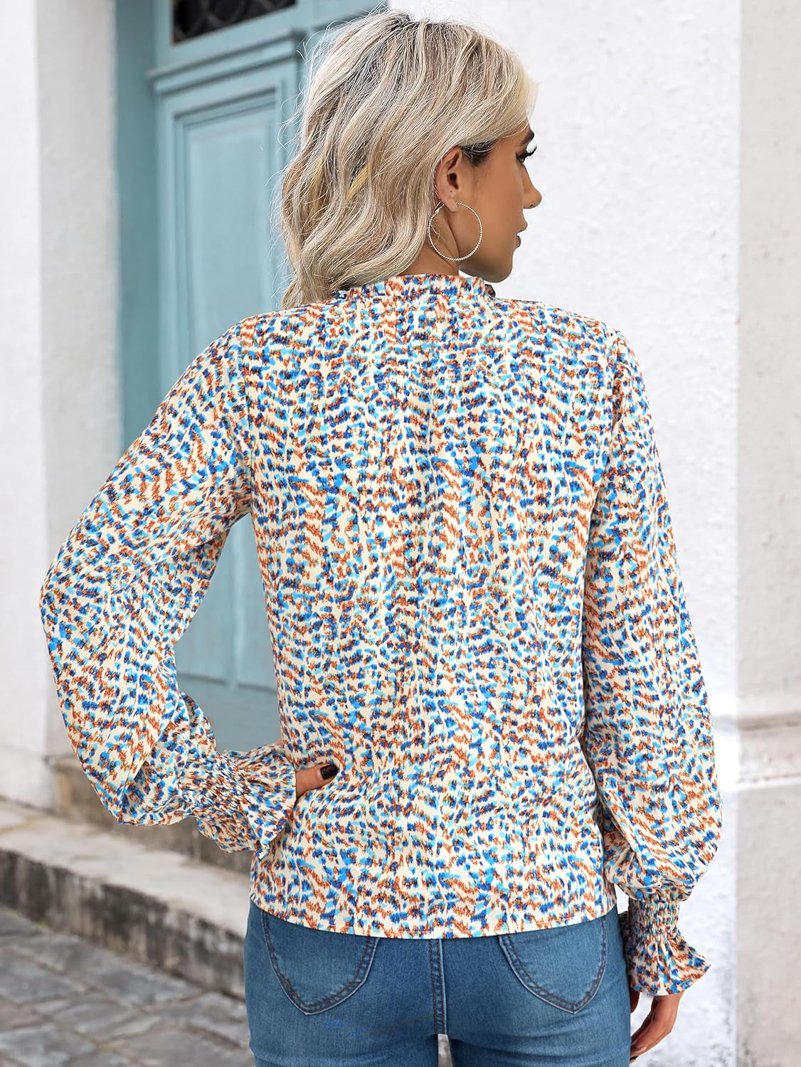 Womens V Neck Floral Long Sleeve Tops 2025 Summer Casual Loose Puff Sleeve Chiffon Boho Work Blouse Dressy T Shirts