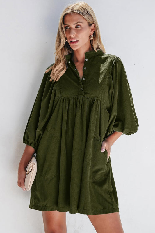 Womens Casual Dresses Corduroy Button up Empire Waist 3/4 Sleeve Fall Winter Mini Babydoll Dress