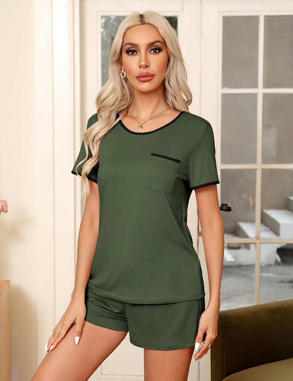Pajama Set for Women 2 Piece Lounge Set Short Sleeve Tops and Shorts Soft Sleepwear, Chest Pocket