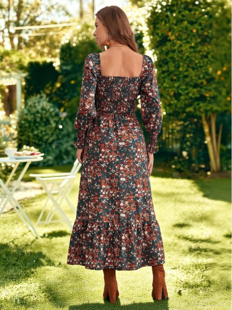 Women'S plus Size Fall Dress Long Sleeve Square Neck Floral Print Smocked a Line Boho Flowy Maxi Dresses with Pockets