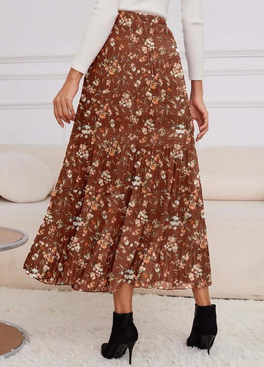 Women'S Chiffon White Flowy Maxi Skirts Boho Fall Elastic Waisted Pleated a Line Long Skirt for Women 2025