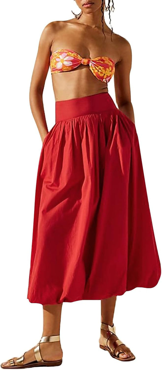 Women Y2K Bubble Maxi Skirt Low Elastic Waist a Line Long Skirt Summer Casual Ruffle Pleated Midi Dress