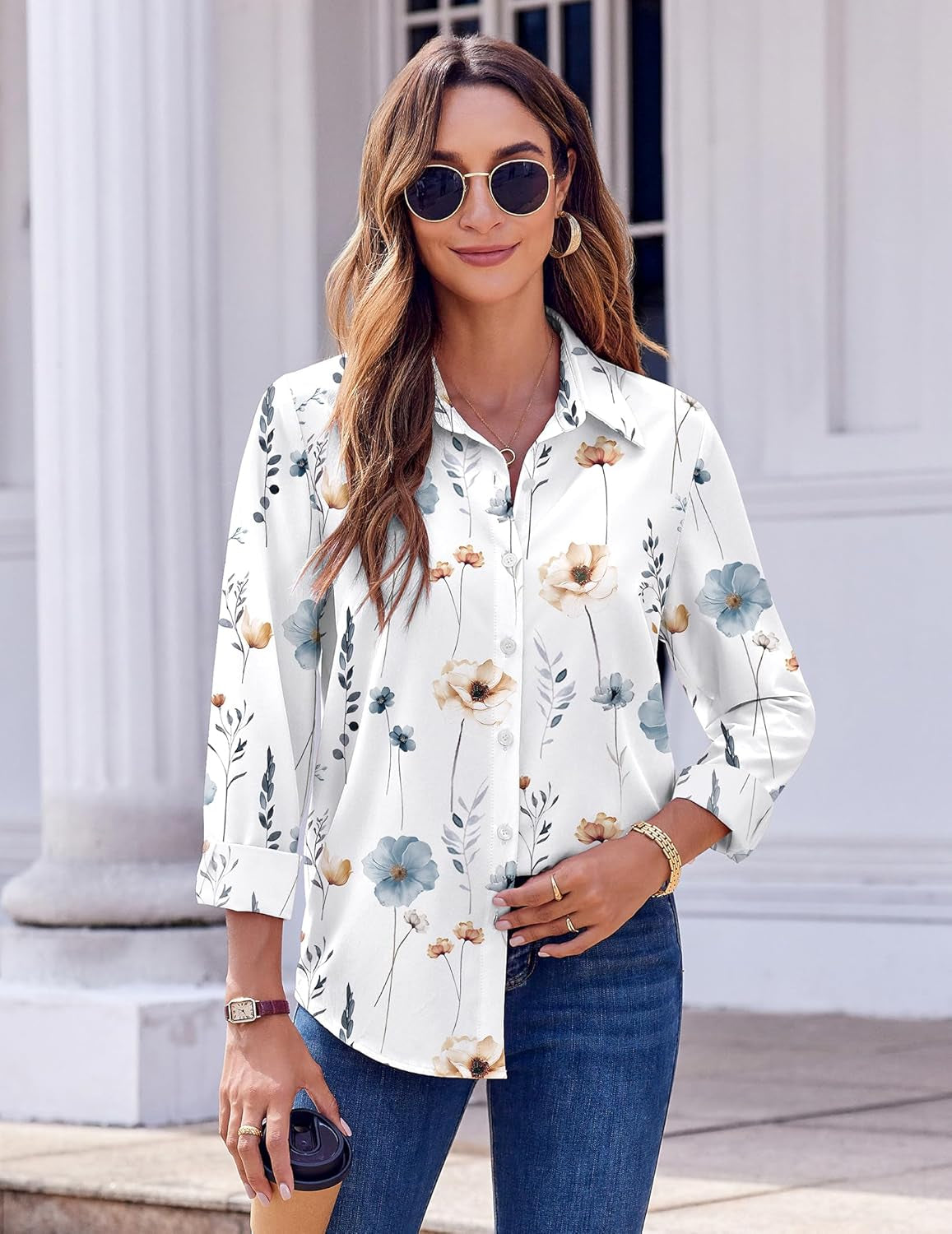Button down Shirts for Women Dressy Floral Printed Long Sleeve Blouse Business Casual Work Tops
