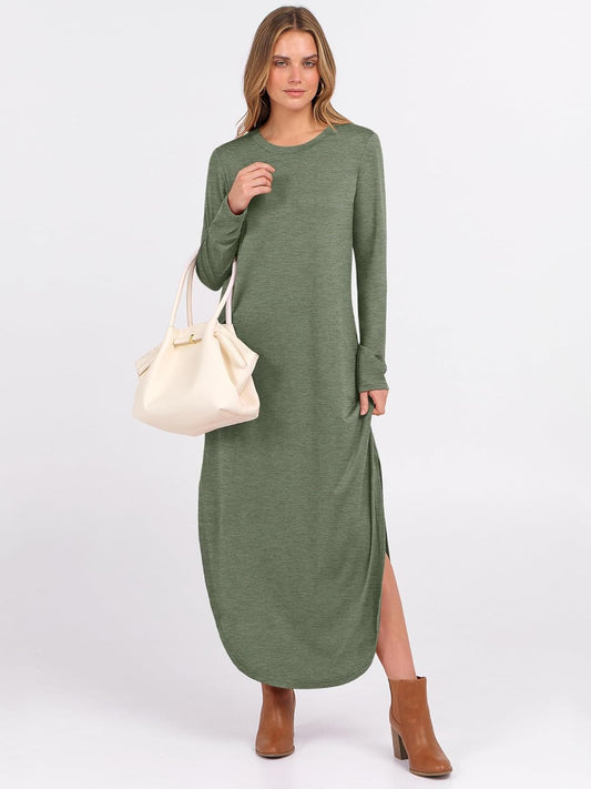 Women'S Long Sleeve Maxi Dresses 2025 Fall Outfits Casual Loose Split Travel Vacation T Shirt Dress with Pockets