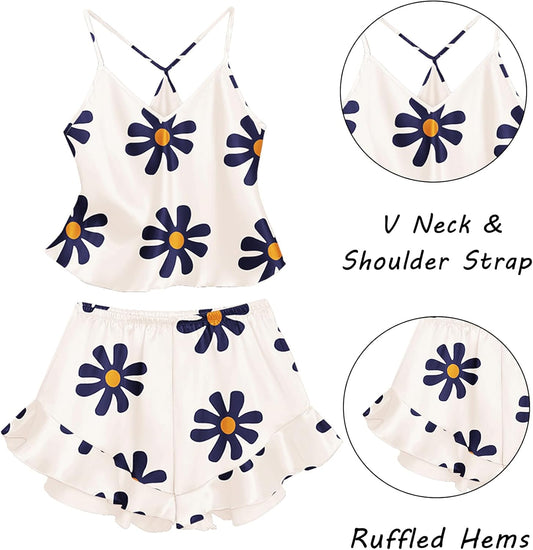 Satin Pajama Set for Women 2 Piece Camisole Top and Shorts Silk Lingerie with Ruffle Floral Nightwear