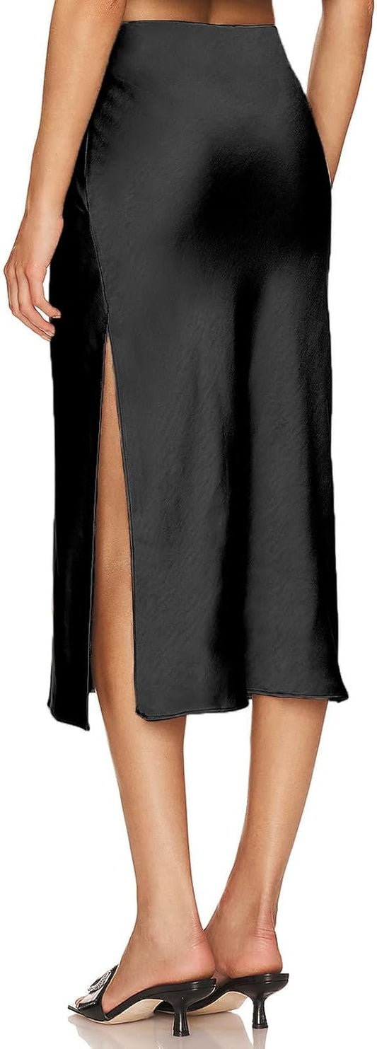 Womens Satin Silk High Waist Slit Midi Skirt Elastic Waistband Midi Skirts for Women