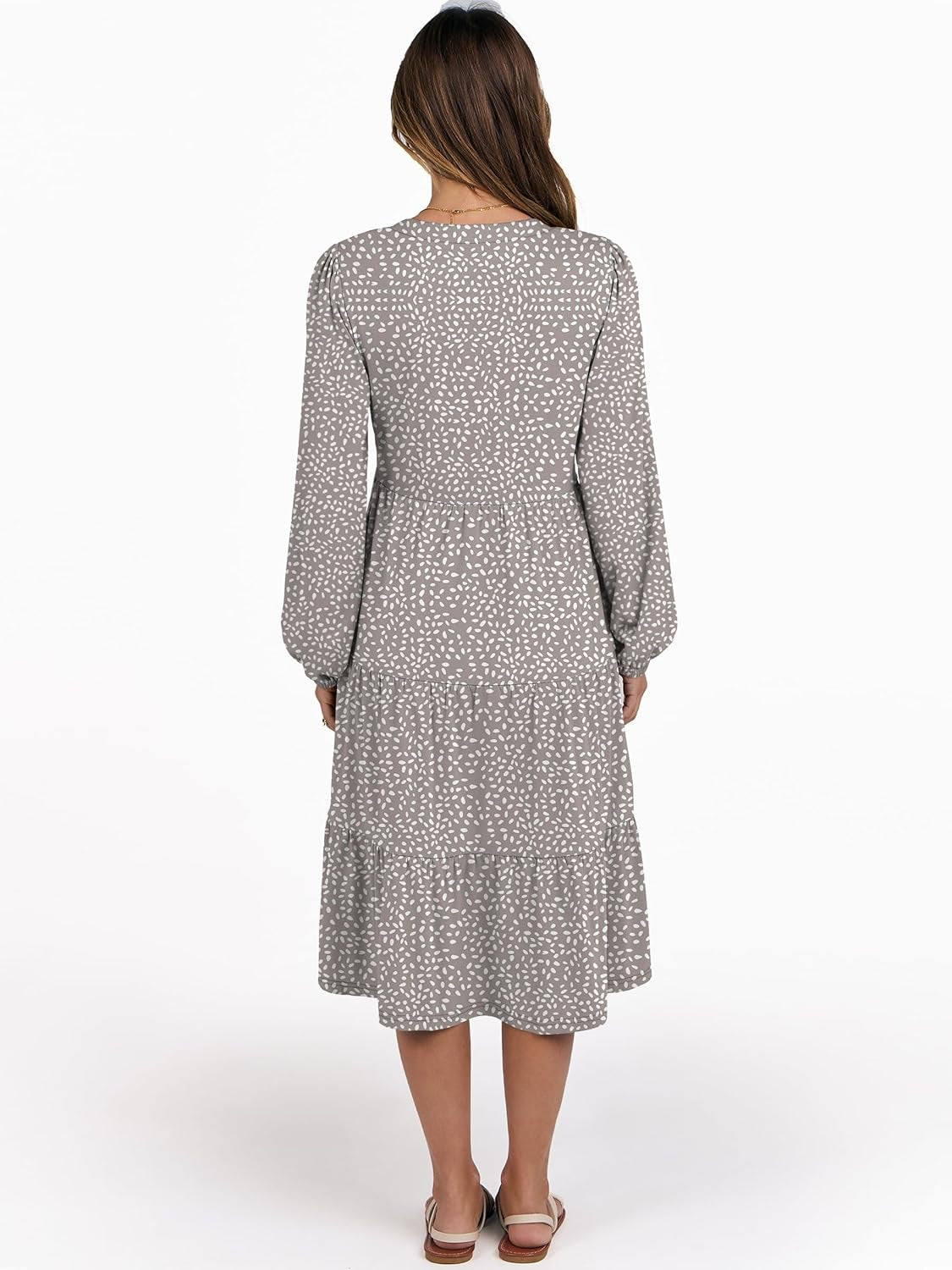 Long Sleeve Midi Dresses for Women V Neck 2025 Fall Fashion Casual Loose Fit Flowy Swing Tiered Vacation Boho Dress