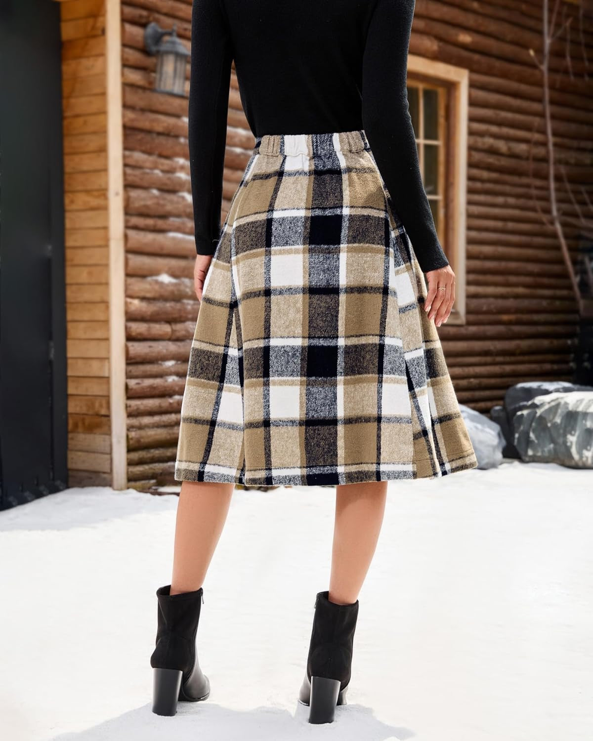 Plaid Skirts for Women Midi Length High Waisted Button down a Line Fall Winter Elastic Waist Skirt with Pockets