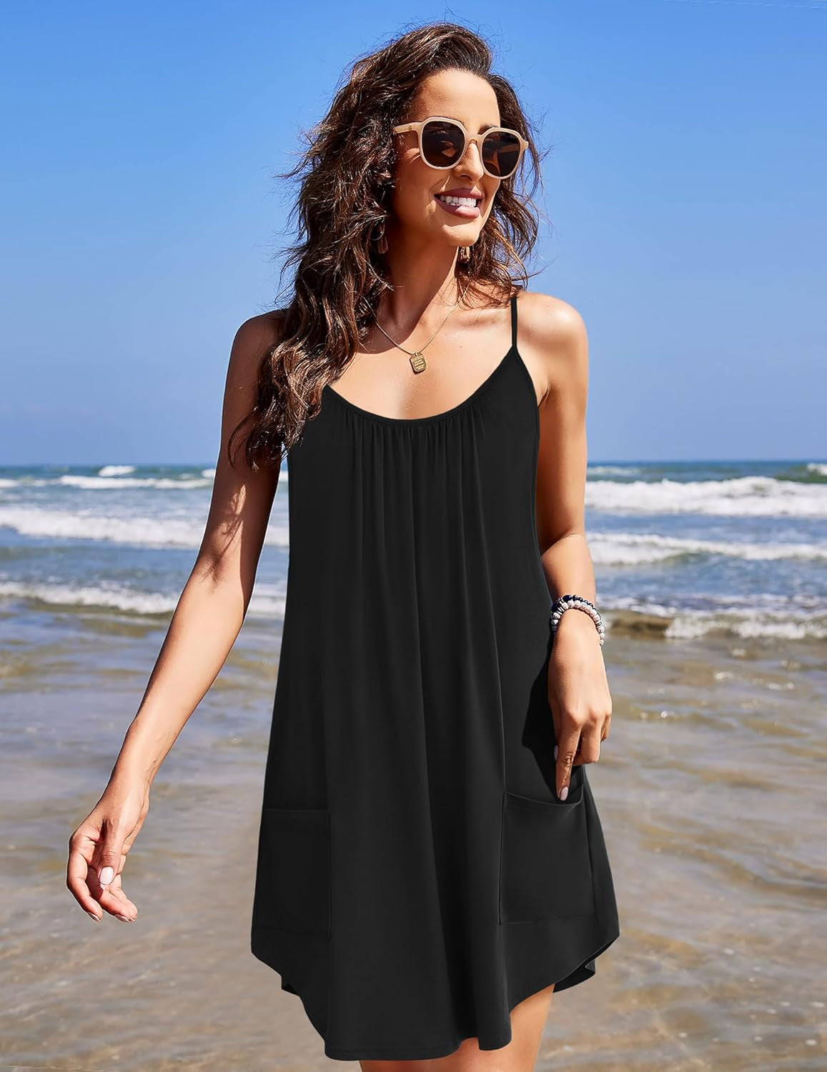 Nightgowns for Women Spaghetti Strap Sleepwear Sleeveless Sleep Dress with Pockets