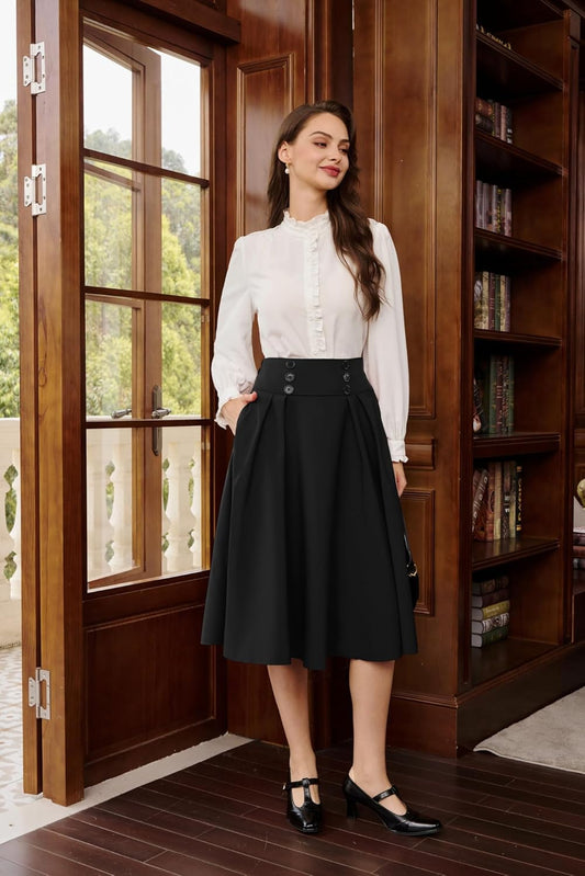 Women'S Vintage High Waist Pleated Midi A-Line Skirt with Pockets