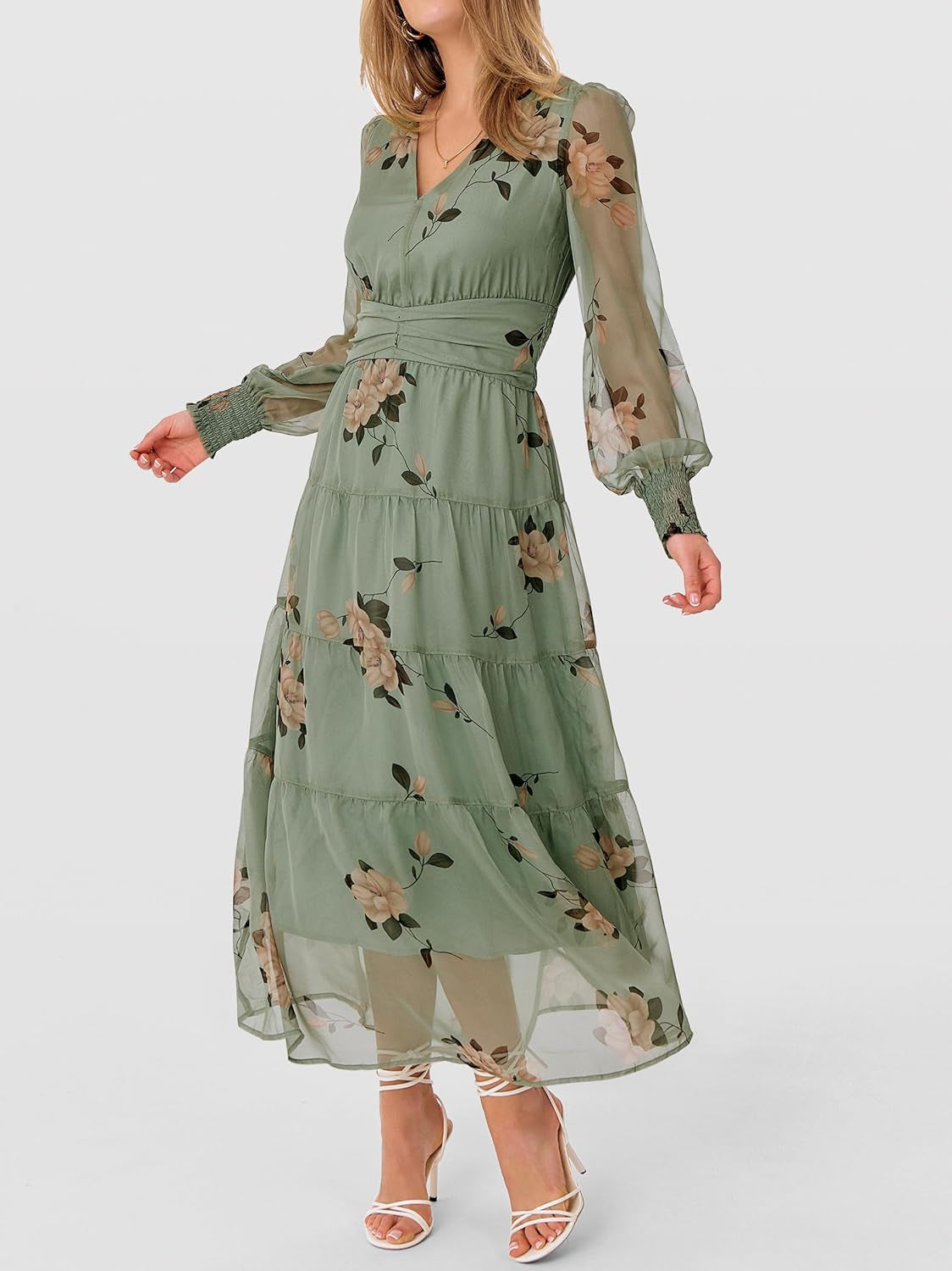 Womens Floral Long Sleeve Maxi Dress V Neck Chiffon Flowy Boho A-Line 2025 Fall Wedding Guest Party Wrap Dresses