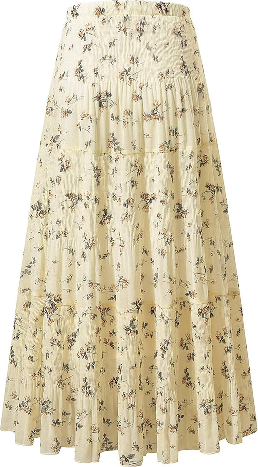 Women'S Chiffon Elastic High Waist Pleated A-Line Flared Maxi Skirts