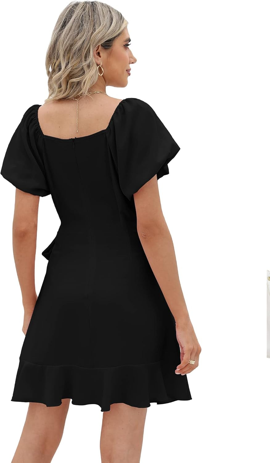 Womens Summer Dresses Square Neck Puff Sleeve Tie Waist Short Dress