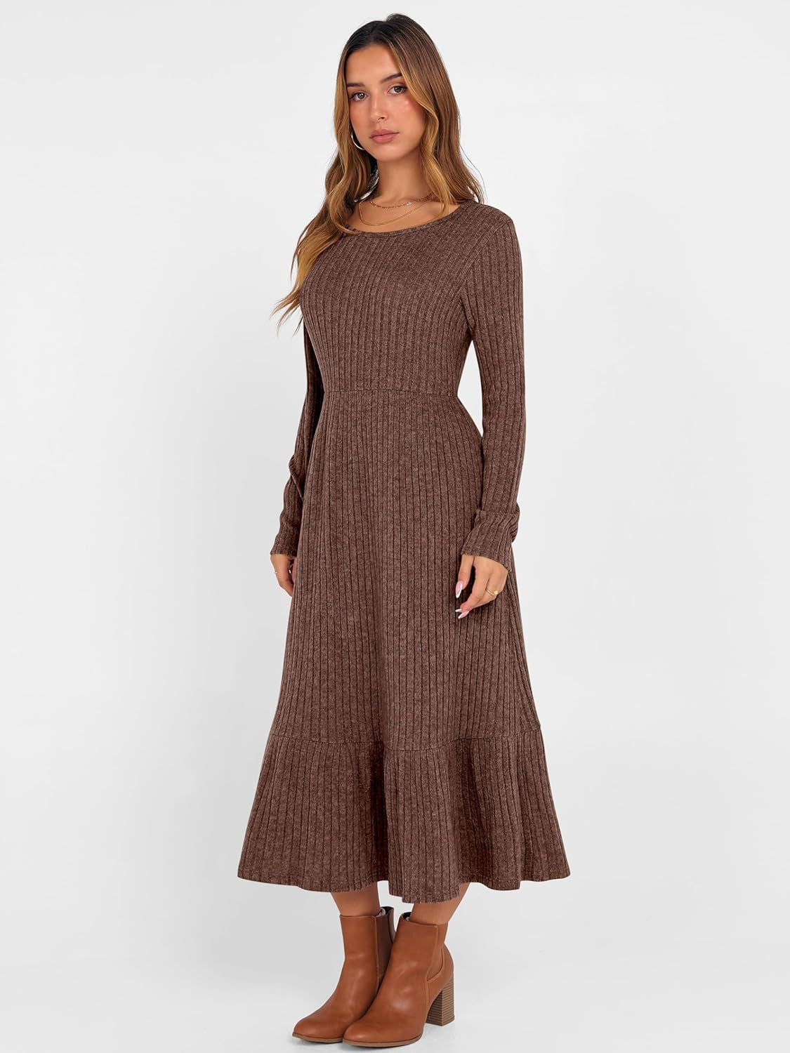 Womens Long Sleeve Midi Dress 2025 Fall Rib Knit Crew Neck a Line Soft Flowy Swing Dresses with Pocket Casual Trendy