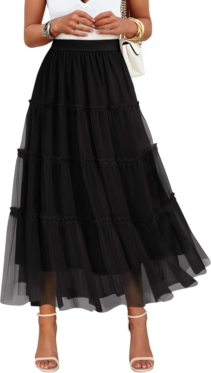 Women'S Tulle Maxi Skirt A-Line Flowy Ruffle Tiered Elastic High Waist 2025 Fall Fahion Midi Long Skirts