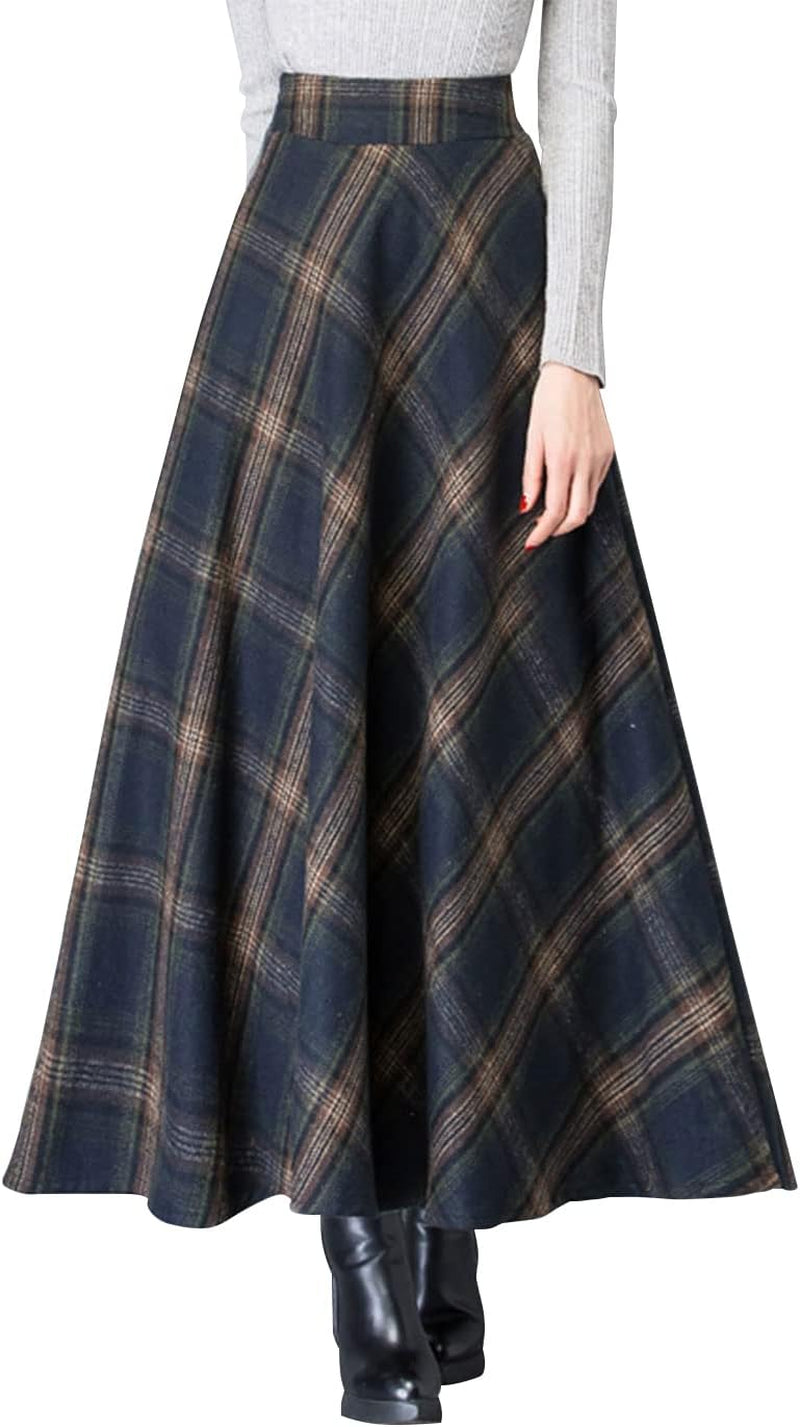 Women'S Vintage High Waist Wool Blend Plaid A-Line Long Maxi Skirt with Pocket