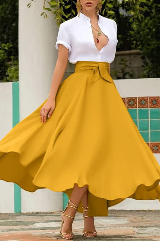 Women'S Elegant High Waisted Side Slit Irregular Bohemian Maxi Skirt with Pockets