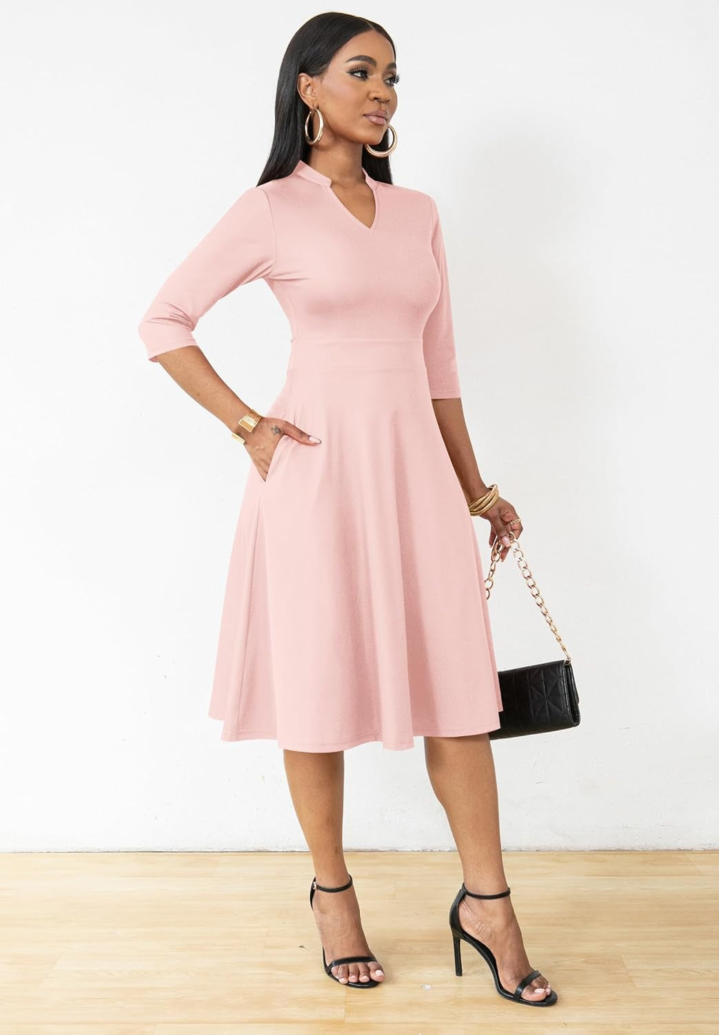 Casual Dresses for Women Semi Formal Fit and Flare 3/4 Sleeve A-Line Church Work Dress with Pockets