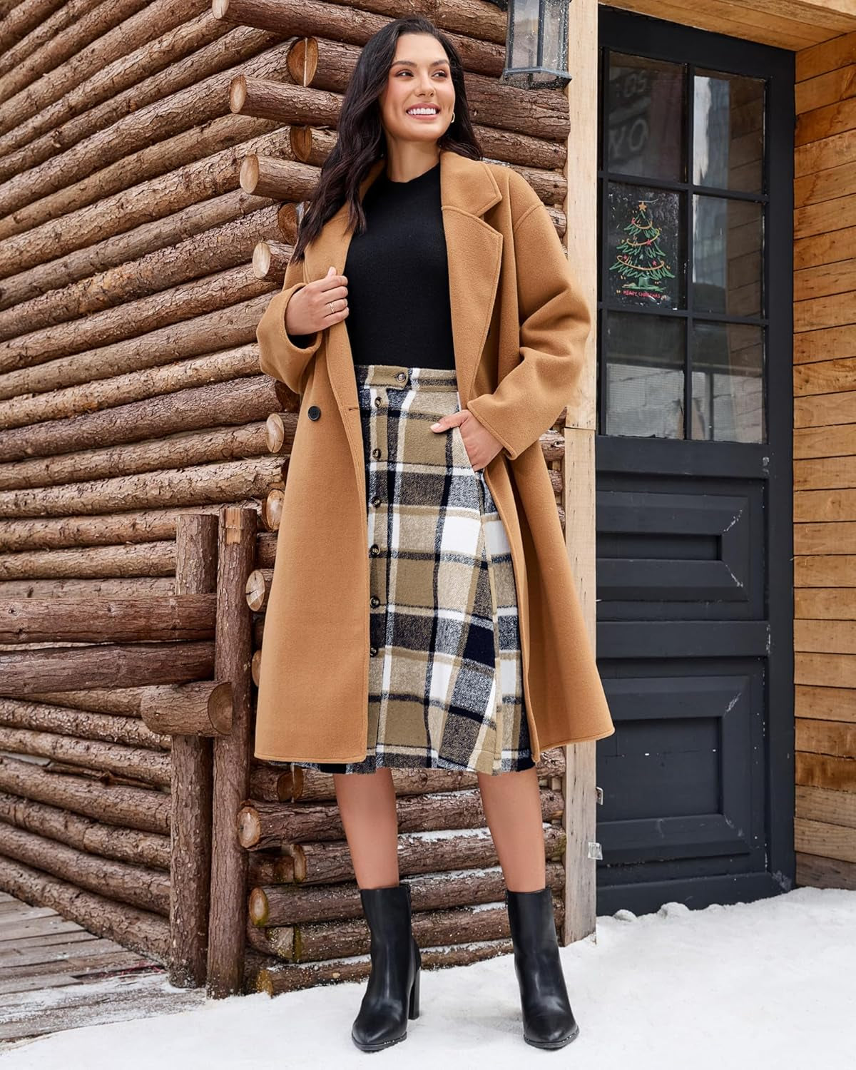 Plaid Skirts for Women Midi Length High Waisted Button down a Line Fall Winter Elastic Waist Skirt with Pockets