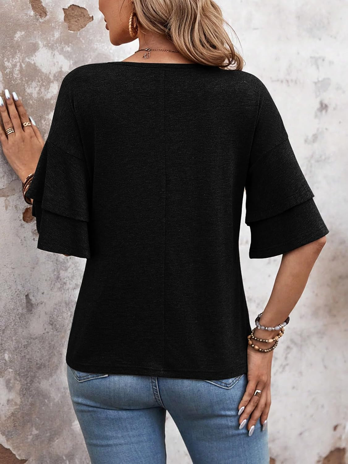Womens Blouses Ruffle Sleeve Top V Neck Shirts Casual Outfit Bell Sleeve Cute Tee Spring Fall Summer Fashion Clothes