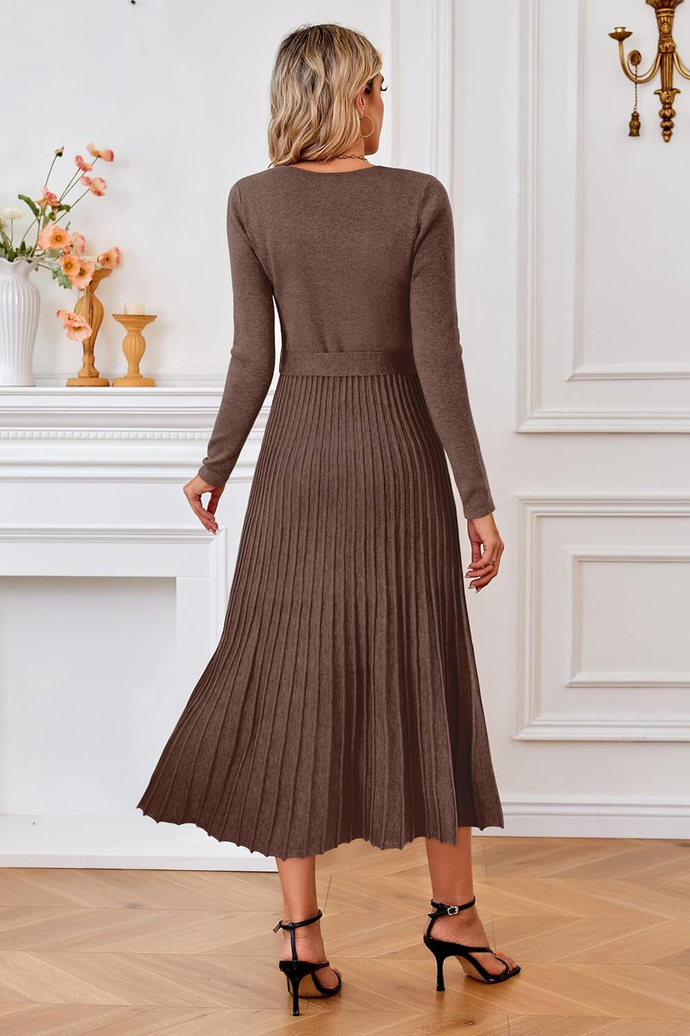 Women'S Wool Blend Tie Waist Pleated Fall Sweater Dress 2025