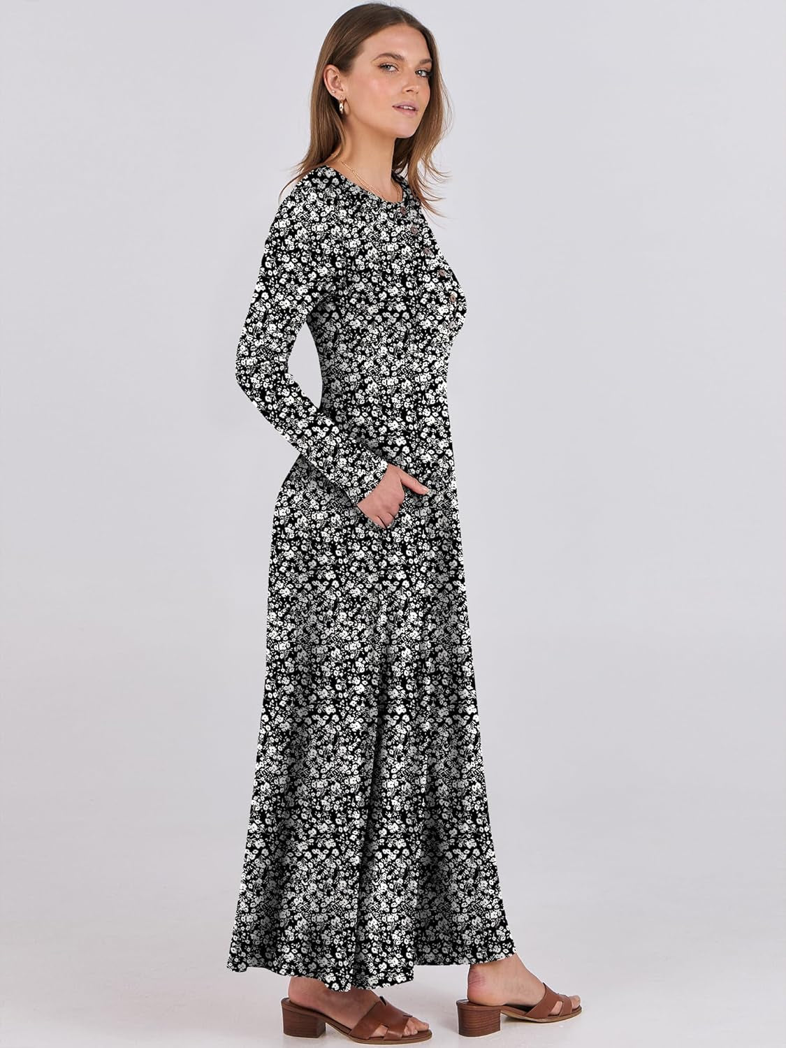 Women'S Long Sleeve Maxi Dress 2025 Fall Casual Button Fit & Flare A-Line Swing Flowy Long Dresses Winter Trendy