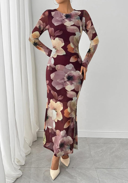 Wedding Guest Dresses for Women Fall Fashion 2025 Bodycon Long Sleeve Boho Mesh Party Cocktail Floral Maxi Dress