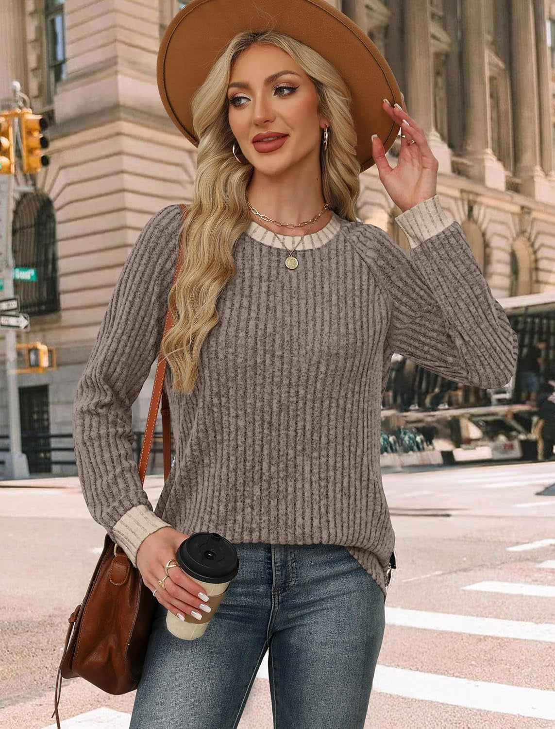 Long Sleeve Shirts for Women Lightweight Sweaters Fall Outfits 2025 Color Block Winter Clothing Dressy Casual Soft