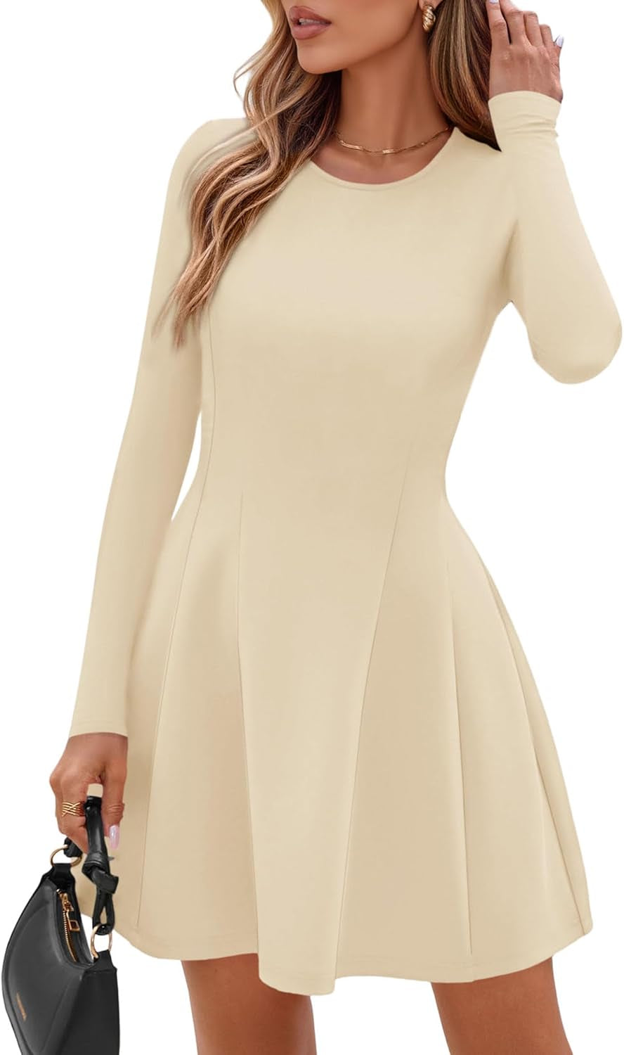 Long Sleeve Mini Dress for Women 2025 Fall Crewneck Knit Pleated Babydoll a Line Soft Casual Short Party Dresses