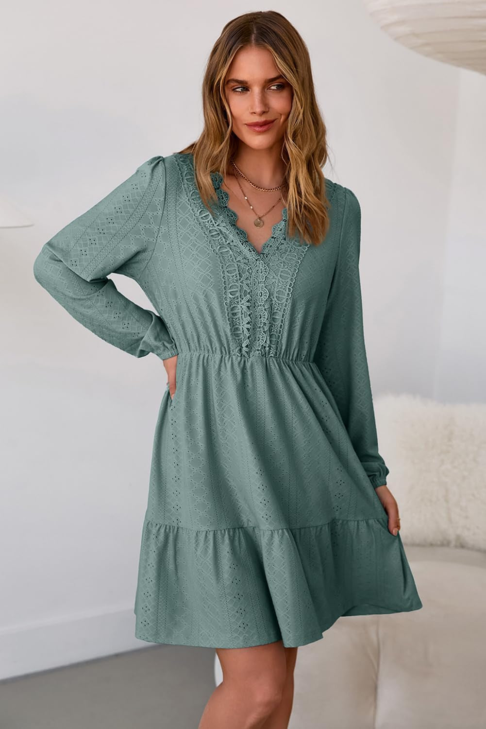 Fall Dresses for Women 2025 Elegant Lace Hollow Out Embroidered V Neck Long Sleeve Casual A-Line Swing Mini Dress