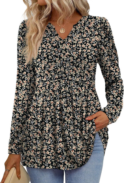 Womens Tops Long Sleeve Fall Shirts Babydoll Peplum Tops for Women V Neck Tunic Dressy Casual Blouses