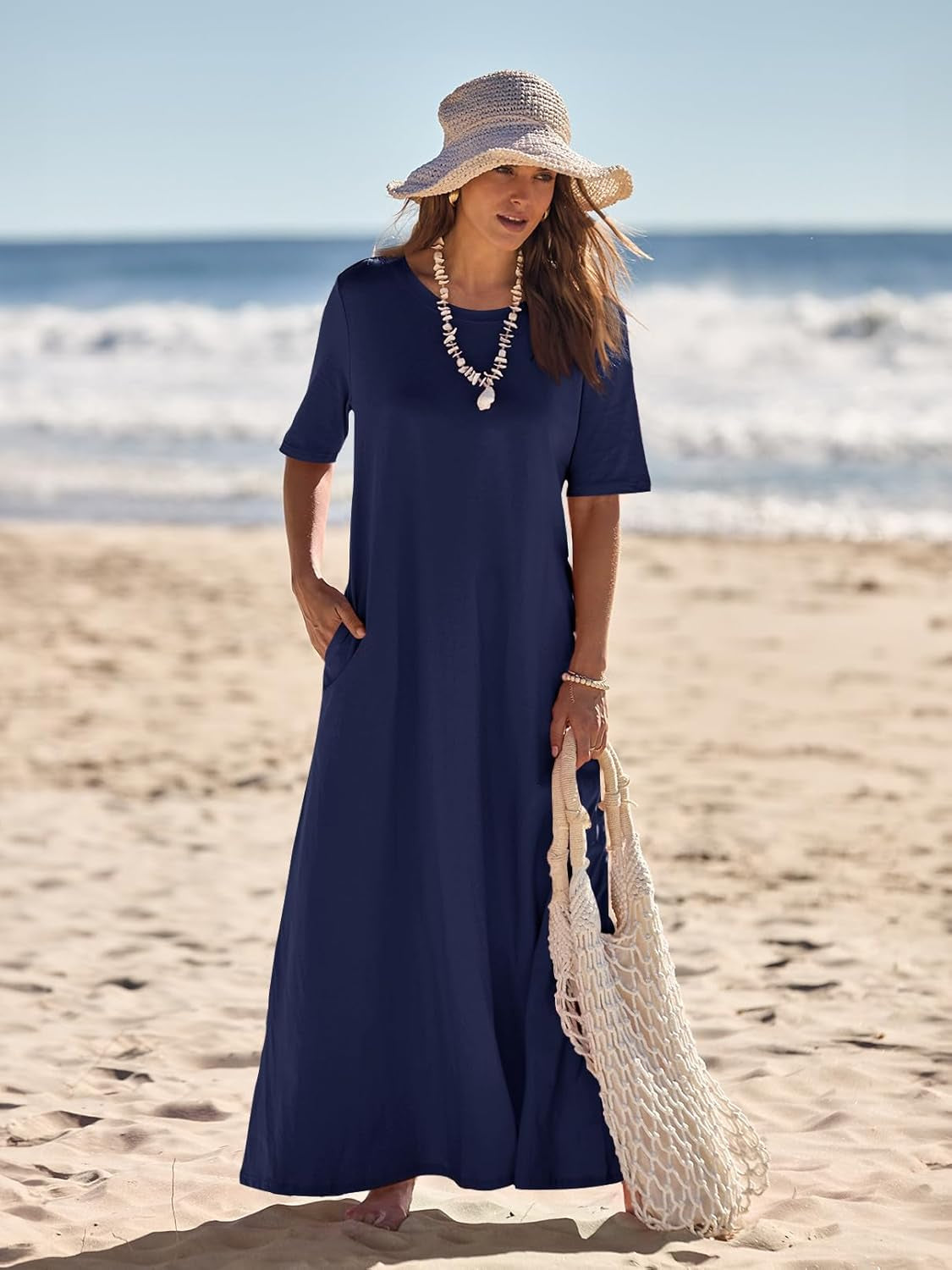 Women'S 2025 Summer Maxi Dress Casual Short Sleeve Beach Vacation Crewneck Basic Long T Shirt Dresses