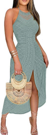 Womens Summer Halter Dress Hollow Out a Line Vacation Dresses with Eyelet Embroidery & Side Slit