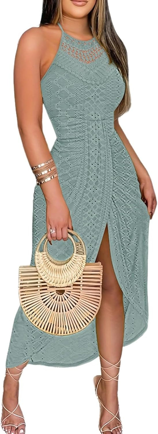 Womens Summer Halter Dress Hollow Out a Line Vacation Dresses with Eyelet Embroidery & Side Slit