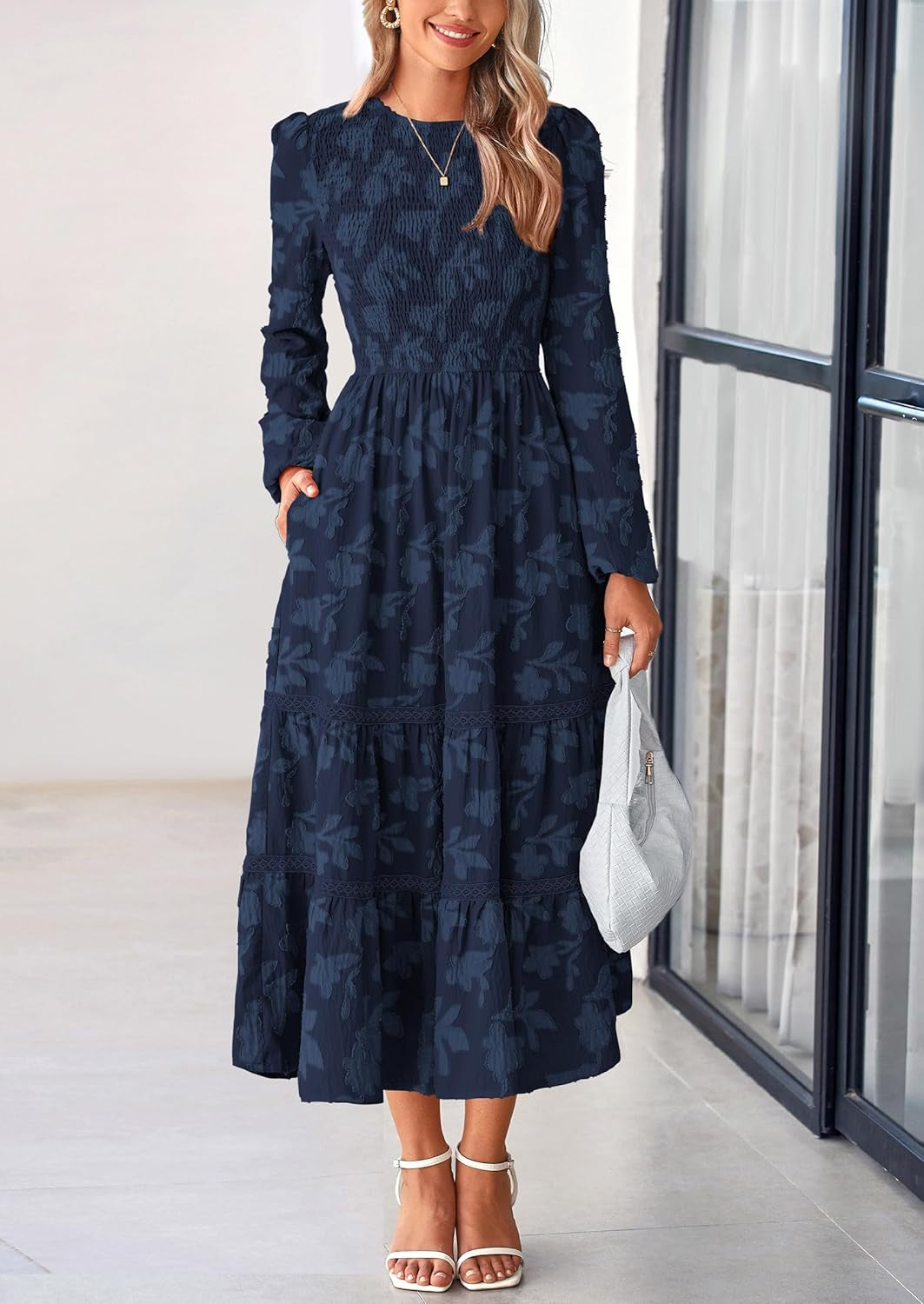 Long Sleeve Dress for Women 2025 Fall Elegant Modest Floral Boho Smocked Flowy Wedding Guest Midi Dresses