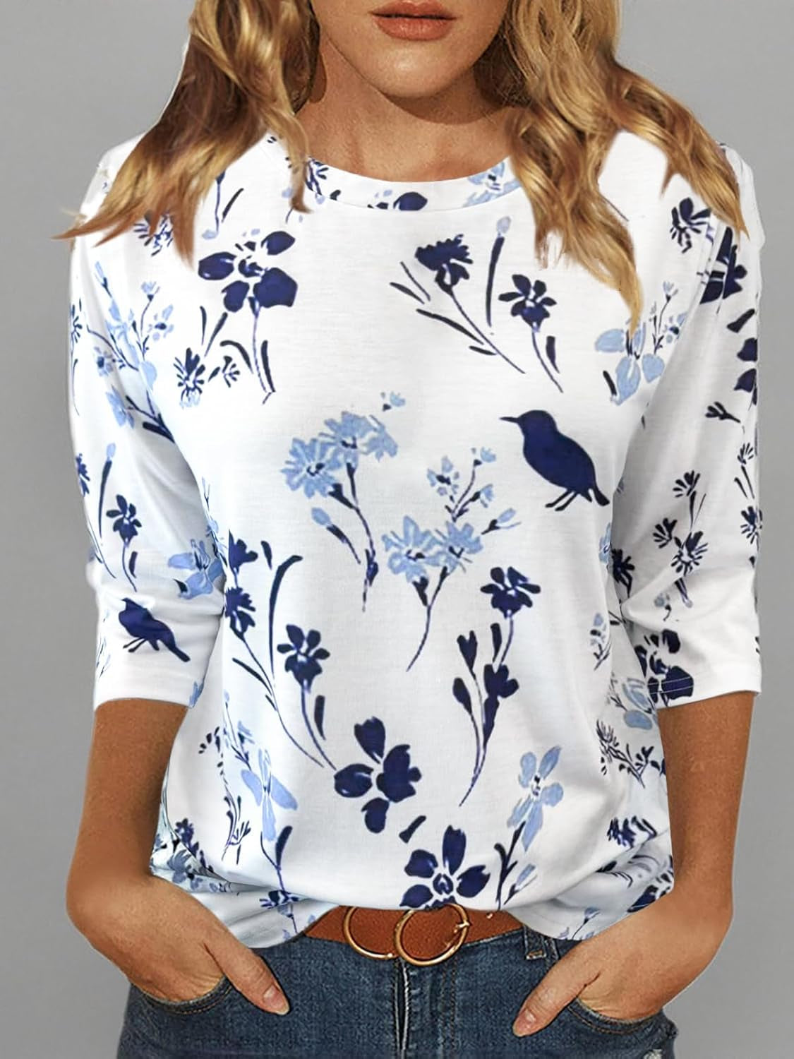 Womens Tops 3/4 Sleeve Shirts round Neck Loose Casual Blouses Floral Print Tshirts