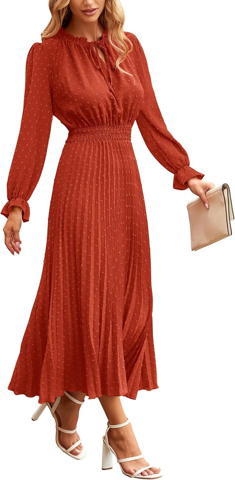 Women'S 2025 Spring Fall Midi Dress Casual Long Sleeve V Neck Swiss Dot Pleated a Line Flowy Dresses