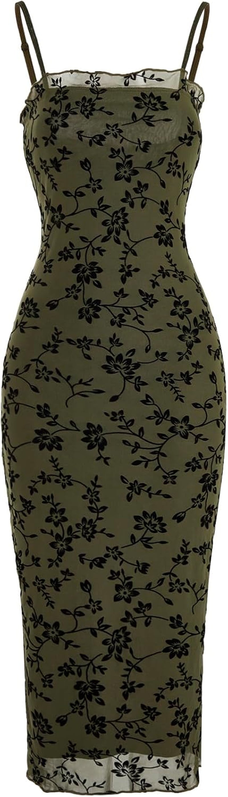 Women'S Floral Print Mesh Lettuce Trim Sleeveless Bodycon Long Cami Dress