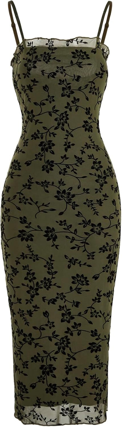 Women'S Floral Print Mesh Lettuce Trim Sleeveless Bodycon Long Cami Dress