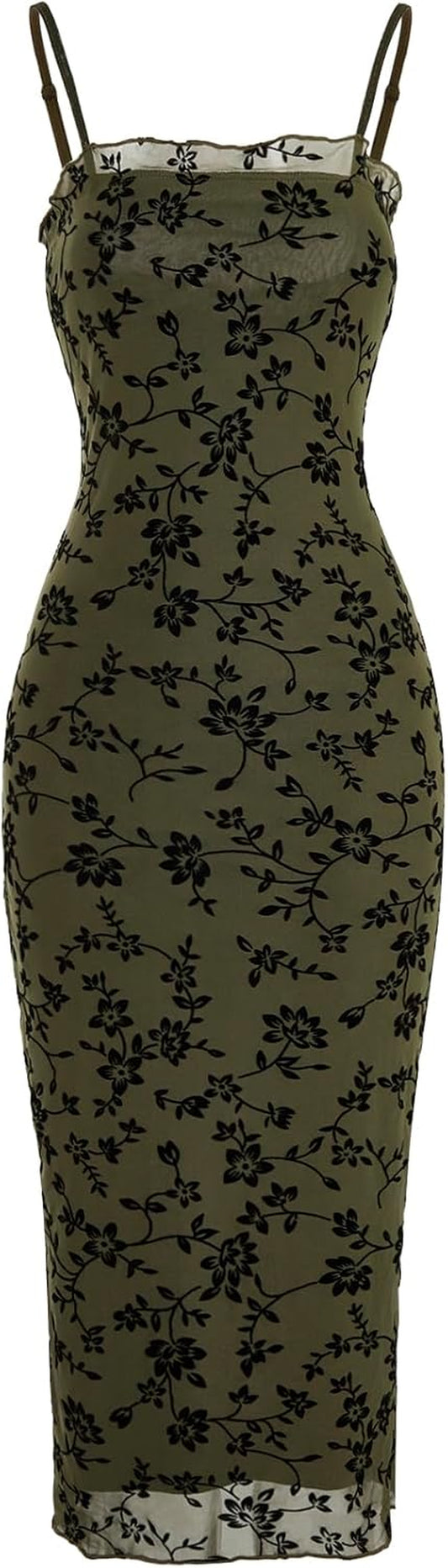 Women'S Floral Print Mesh Lettuce Trim Sleeveless Bodycon Long Cami Dress