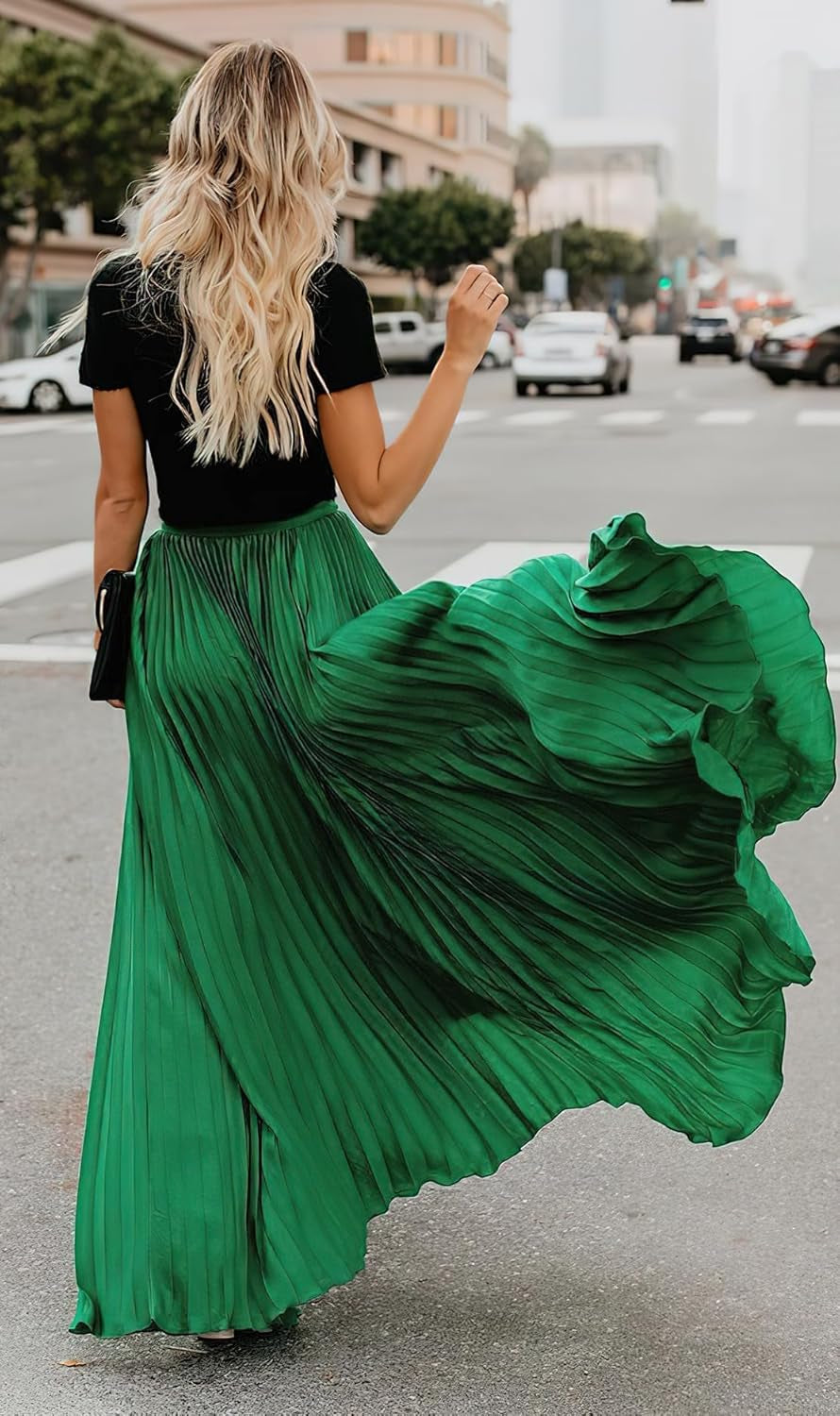 Women'S High Waist Flowy Pleated Chiffon Maxi Skirt